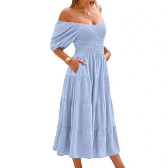 NEW PRETTY GARDEN L Maxi Dress Smocked Swiss Dot High Waist V Neck Tiered Blue - Picture 4 of 15